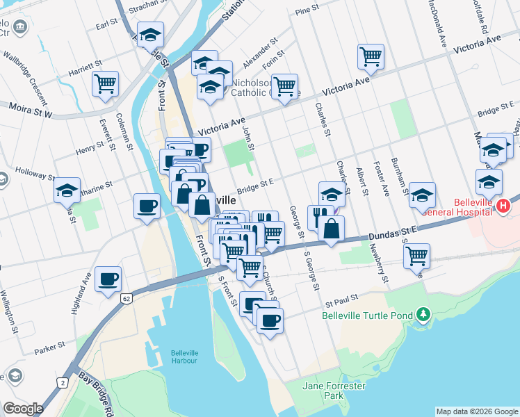 map of restaurants, bars, coffee shops, grocery stores, and more near 16 Lattimer Street in Belleville
