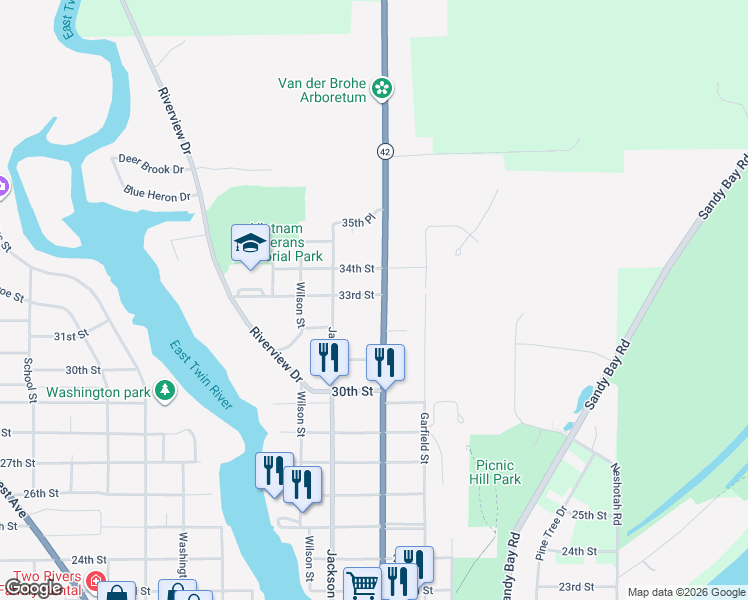 map of restaurants, bars, coffee shops, grocery stores, and more near 3203 Lincoln Avenue in Two Rivers