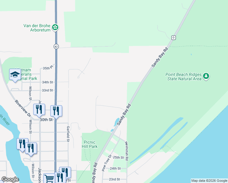 map of restaurants, bars, coffee shops, grocery stores, and more near 2828 County Road O in Two Rivers