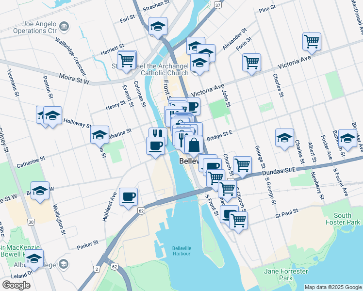 map of restaurants, bars, coffee shops, grocery stores, and more near 202 Front Street in Belleville