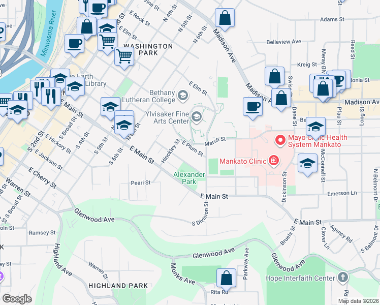 map of restaurants, bars, coffee shops, grocery stores, and more near 1010 East Mulberry Street in Mankato