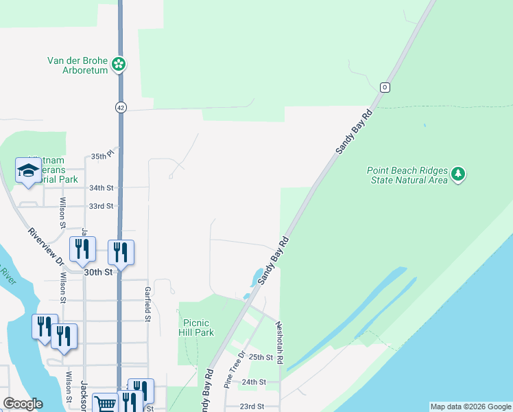 map of restaurants, bars, coffee shops, grocery stores, and more near 2908 County Road O in Two Rivers