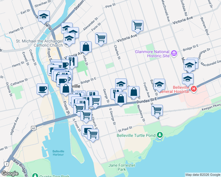 map of restaurants, bars, coffee shops, grocery stores, and more near 170 William Street in Belleville