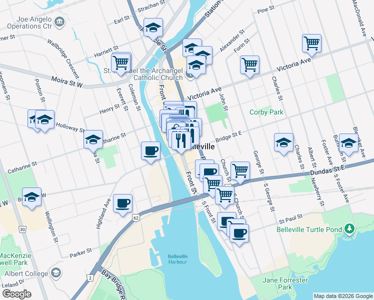 map of restaurants, bars, coffee shops, grocery stores, and more near 39 Bridge Street West in Belleville