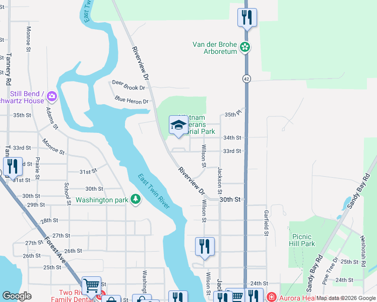 map of restaurants, bars, coffee shops, grocery stores, and more near 1211 34th Street in Two Rivers