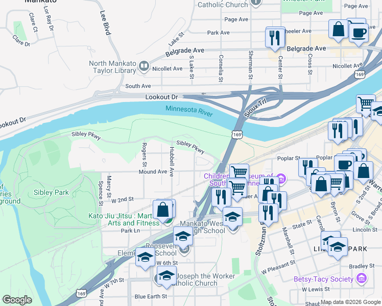 map of restaurants, bars, coffee shops, grocery stores, and more near 338 Trestle Trail in Mankato