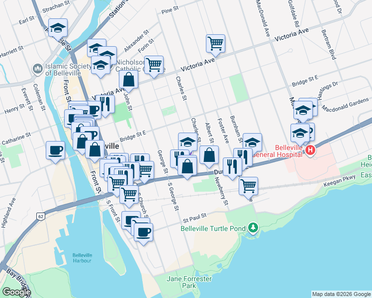 map of restaurants, bars, coffee shops, grocery stores, and more near 166 Ann Street in Belleville