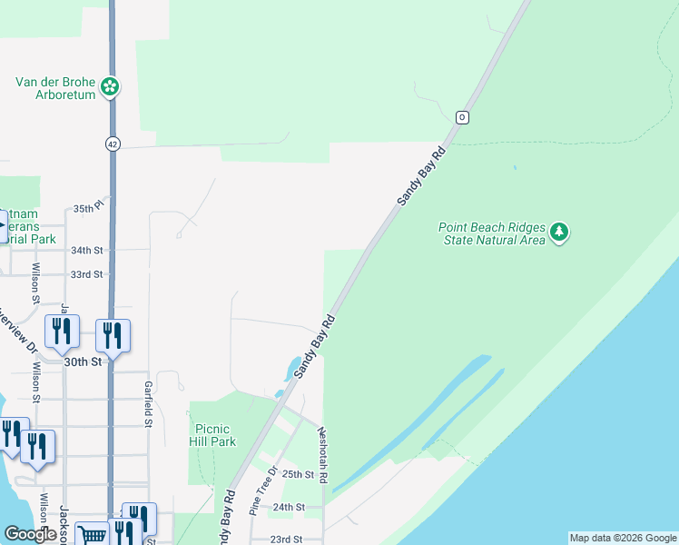 map of restaurants, bars, coffee shops, grocery stores, and more near 2908 County Road O in Two Rivers