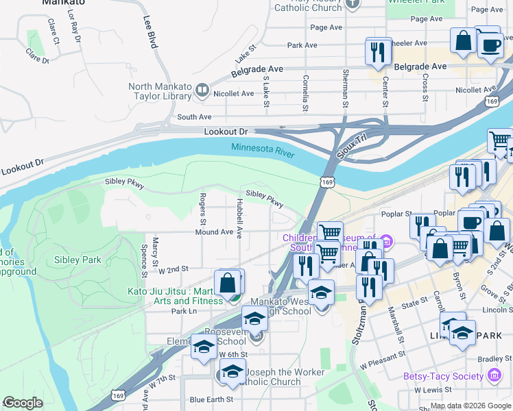 map of restaurants, bars, coffee shops, grocery stores, and more near 338 Trestle Trail in Mankato