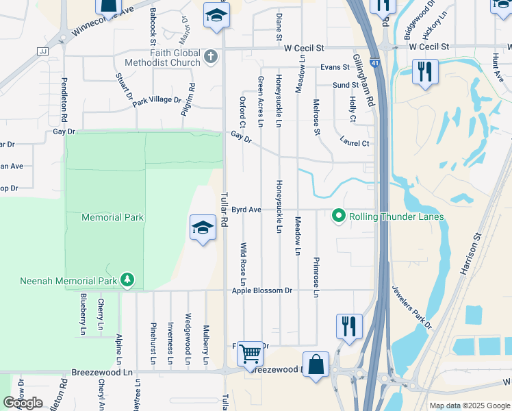 map of restaurants, bars, coffee shops, grocery stores, and more near 1156 Green Acres Lane in Neenah
