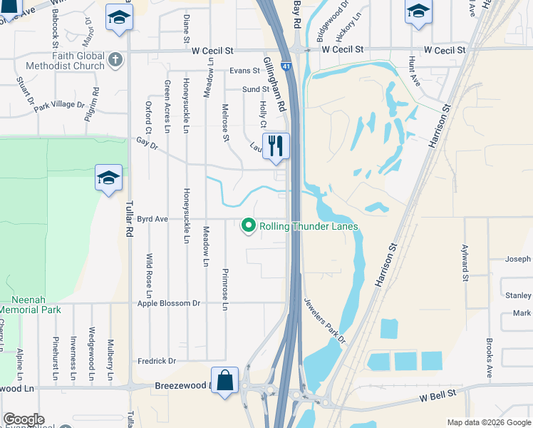 map of restaurants, bars, coffee shops, grocery stores, and more near 915 Byrd Avenue in Neenah