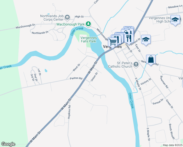 map of restaurants, bars, coffee shops, grocery stores, and more near 25 Scovel Lane in Vergennes