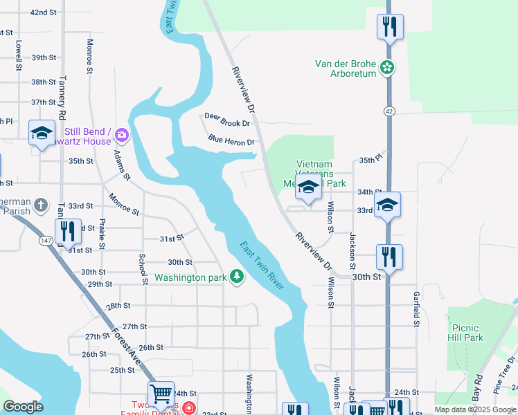 map of restaurants, bars, coffee shops, grocery stores, and more near 1480 Terrace Court in Two Rivers