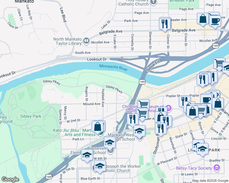 map of restaurants, bars, coffee shops, grocery stores, and more near 338 Trestle Trail in Mankato