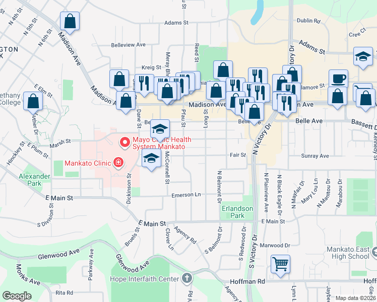 map of restaurants, bars, coffee shops, grocery stores, and more near 1312 Fair Street in Mankato
