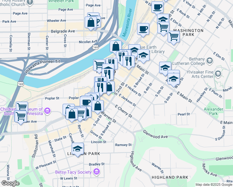 map of restaurants, bars, coffee shops, grocery stores, and more near in Mankato