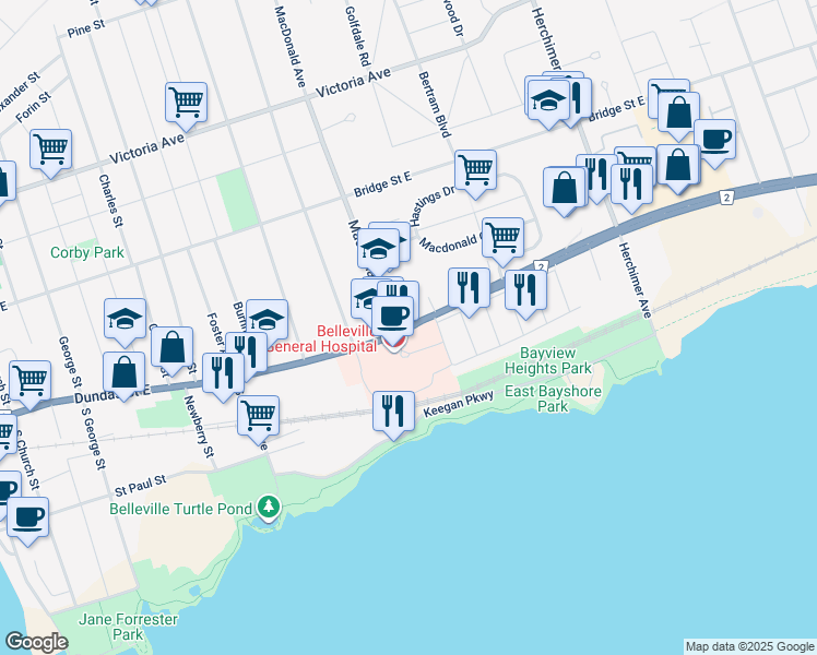 map of restaurants, bars, coffee shops, grocery stores, and more near 280 Dundas Street East in Belleville