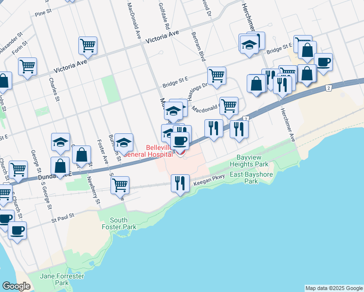 map of restaurants, bars, coffee shops, grocery stores, and more near 268 Dundas Street East in Belleville
