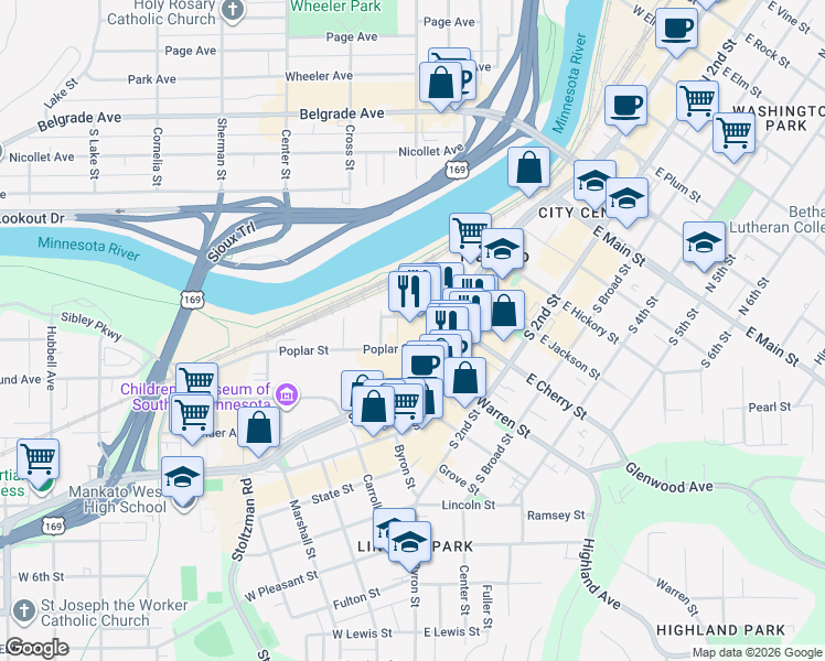 map of restaurants, bars, coffee shops, grocery stores, and more near 330 Poplar Street in Mankato