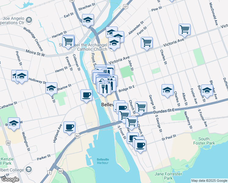 map of restaurants, bars, coffee shops, grocery stores, and more near 54 Bridge Street East in Belleville