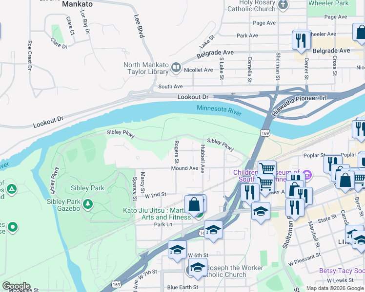 map of restaurants, bars, coffee shops, grocery stores, and more near 438 Owen Street in Mankato