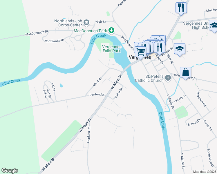 map of restaurants, bars, coffee shops, grocery stores, and more near 9 White Street in Vergennes