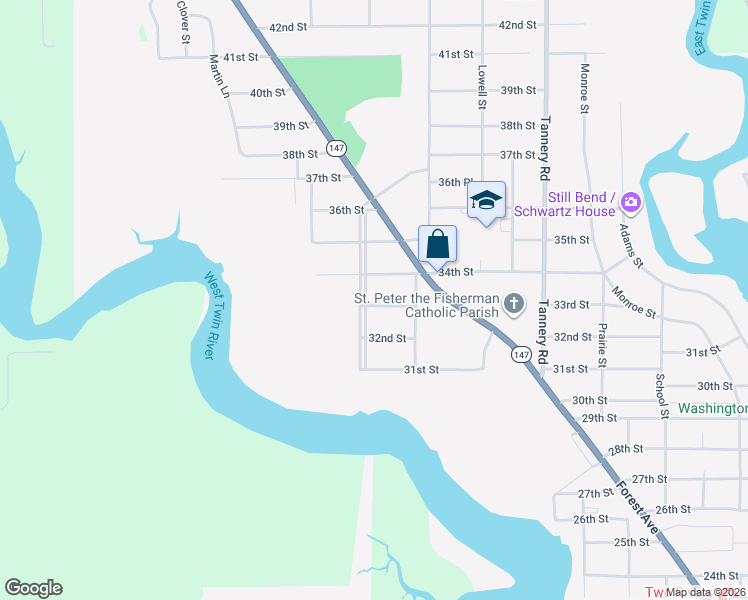 map of restaurants, bars, coffee shops, grocery stores, and more near 2803 34th Street in Two Rivers