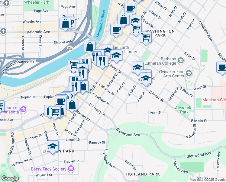 map of restaurants, bars, coffee shops, grocery stores, and more near 319 East Walnut Street in Mankato