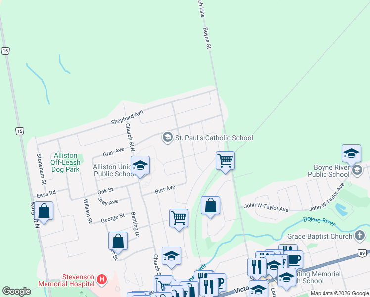 map of restaurants, bars, coffee shops, grocery stores, and more near 91 James A. McCague Avenue in New Tecumseth