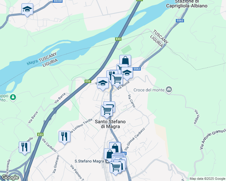 map of restaurants, bars, coffee shops, grocery stores, and more near 4 Via Giuseppe Mazzini in Santo Stefano di Magra