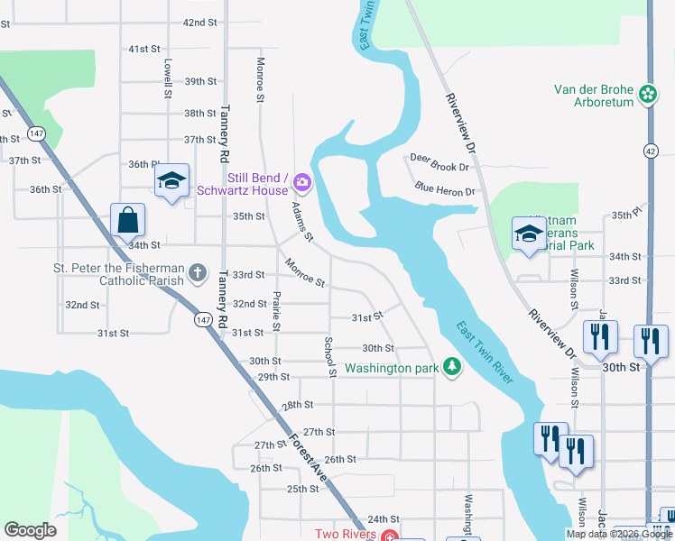 map of restaurants, bars, coffee shops, grocery stores, and more near 3319 School Street in Two Rivers