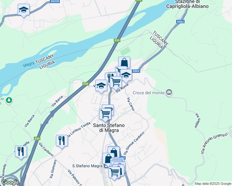 map of restaurants, bars, coffee shops, grocery stores, and more near 4 Via Giuseppe Mazzini in Santo Stefano di Magra