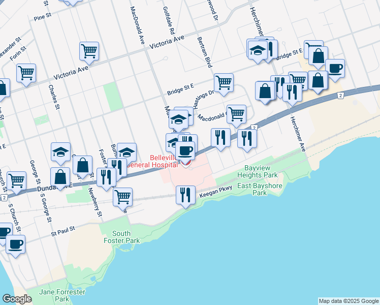 map of restaurants, bars, coffee shops, grocery stores, and more near 268 Dundas Street East in Belleville