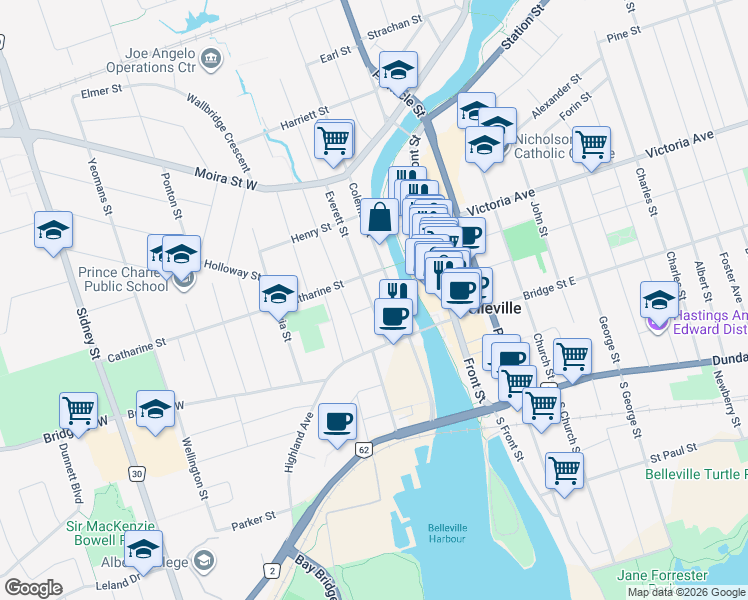 map of restaurants, bars, coffee shops, grocery stores, and more near 29 Everett Street in Belleville