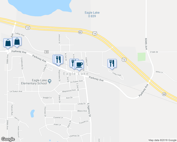 map of restaurants, bars, coffee shops, grocery stores, and more near 96 Valley Lane in Eagle Lake