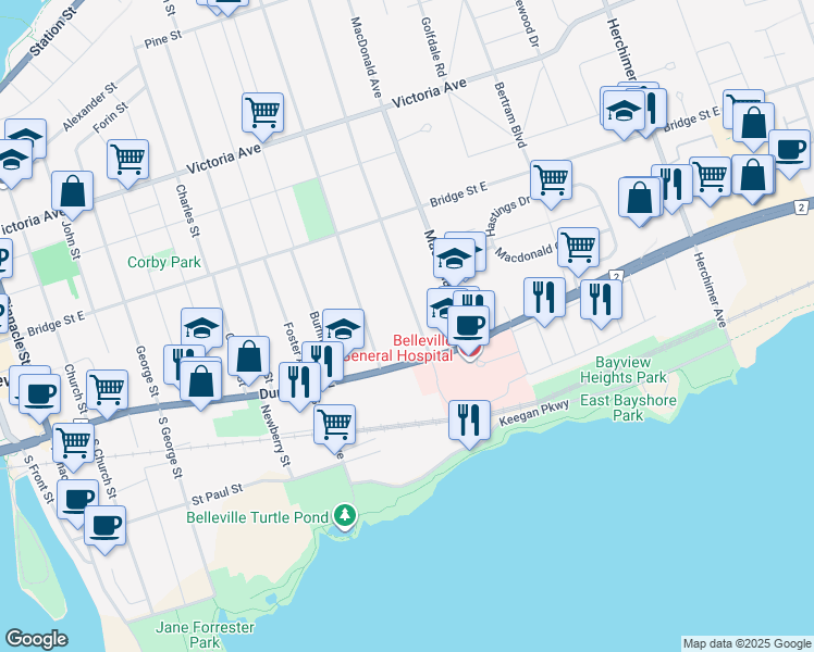 map of restaurants, bars, coffee shops, grocery stores, and more near 132 Dufferin Avenue in Belleville
