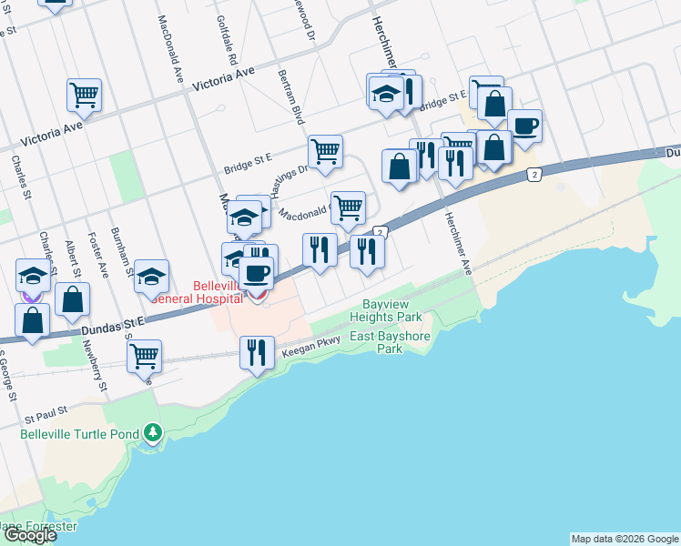 map of restaurants, bars, coffee shops, grocery stores, and more near 17 Third Street in Belleville