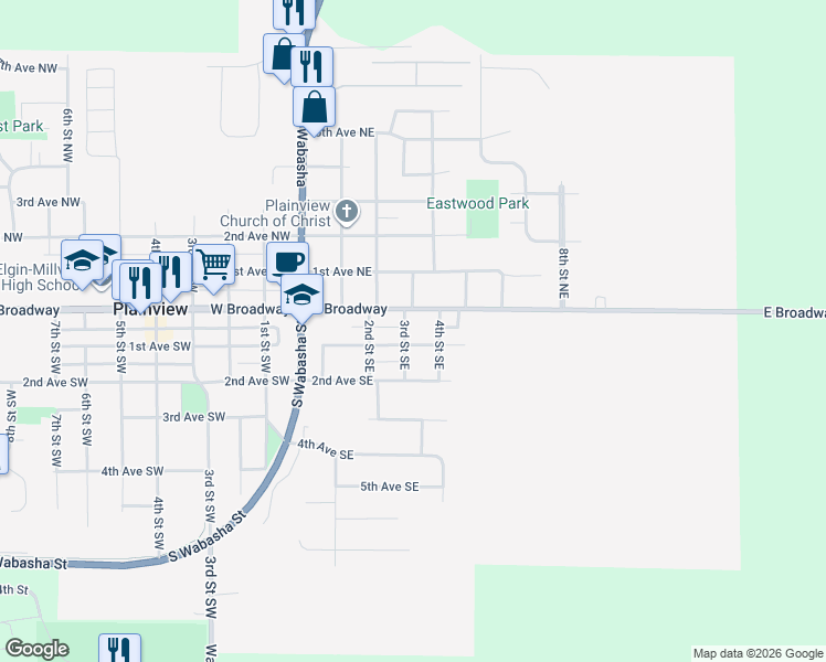 map of restaurants, bars, coffee shops, grocery stores, and more near 35 3rd Street Southeast in Plainview