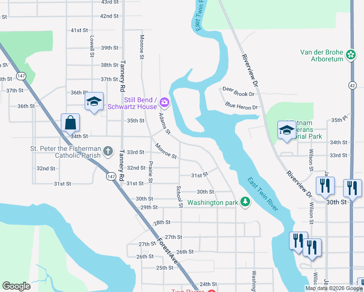 map of restaurants, bars, coffee shops, grocery stores, and more near 3319 School Street in Two Rivers