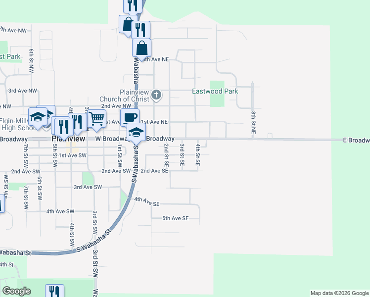 map of restaurants, bars, coffee shops, grocery stores, and more near 35 3rd Street Southeast in Plainview