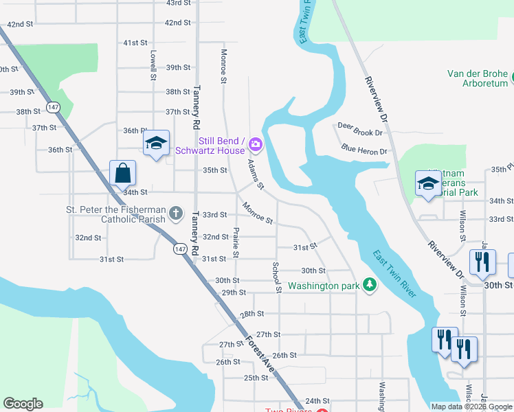map of restaurants, bars, coffee shops, grocery stores, and more near 3312 Adams Street in Two Rivers