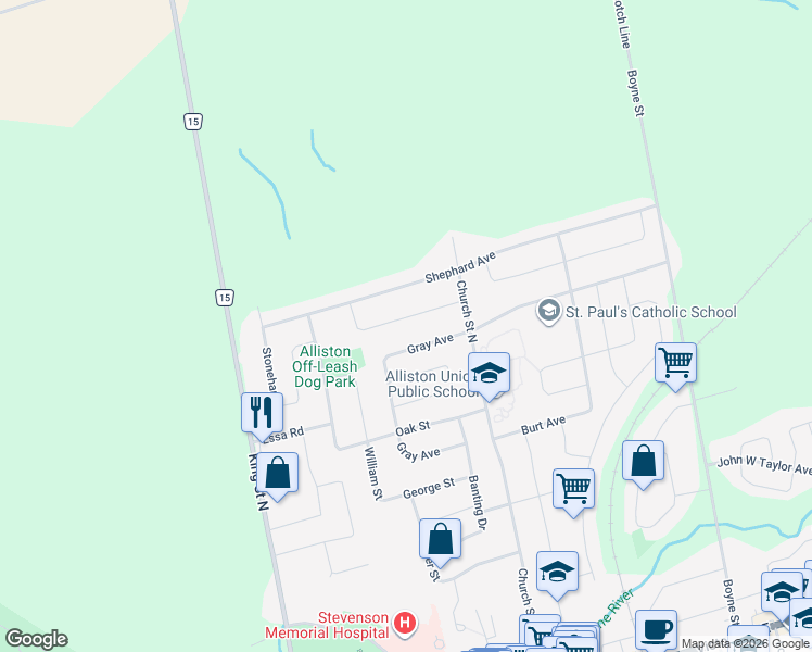 map of restaurants, bars, coffee shops, grocery stores, and more near 55 Wallace Street in New Tecumseth