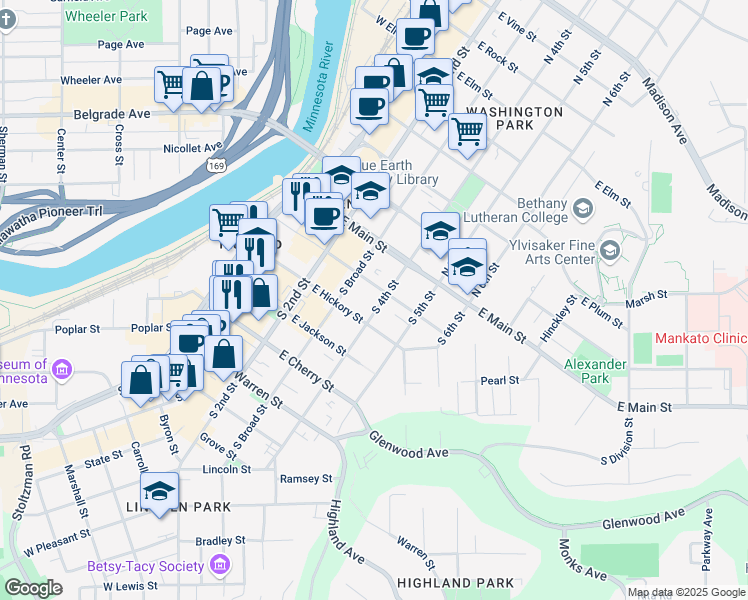 map of restaurants, bars, coffee shops, grocery stores, and more near 319 East Walnut Street in Mankato