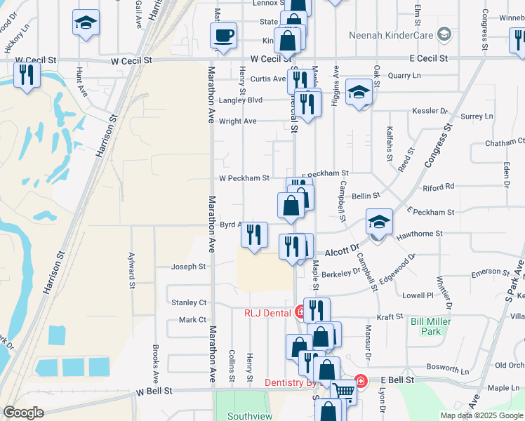 map of restaurants, bars, coffee shops, grocery stores, and more near 125 Byrd Avenue in Neenah