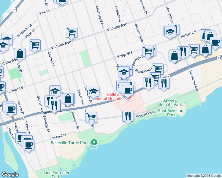 map of restaurants, bars, coffee shops, grocery stores, and more near 132 Dufferin Avenue in Belleville