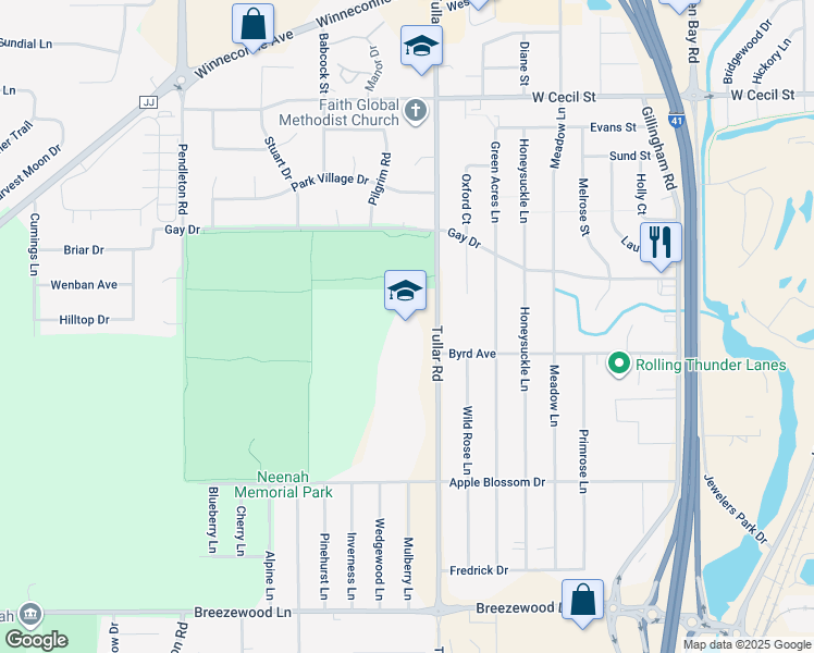 map of restaurants, bars, coffee shops, grocery stores, and more near 1275 Tullar Road in Neenah