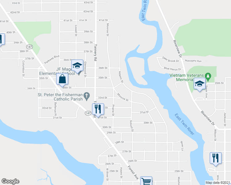 map of restaurants, bars, coffee shops, grocery stores, and more near 3316 Monroe Street in Two Rivers