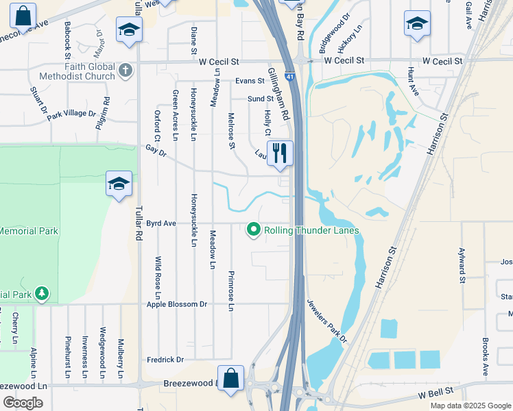 map of restaurants, bars, coffee shops, grocery stores, and more near 1135 Primrose Court in Neenah