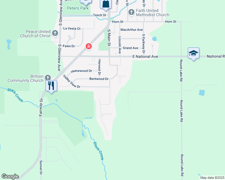 map of restaurants, bars, coffee shops, grocery stores, and more near 885 Driftwood Drive in Brillion