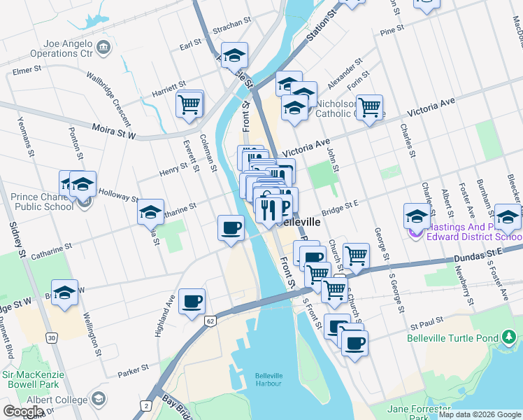 map of restaurants, bars, coffee shops, grocery stores, and more near 202 Front Street in Belleville
